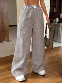 SHEIN EZwear 棕色和白色条纹编织女士休闲裤，春夏