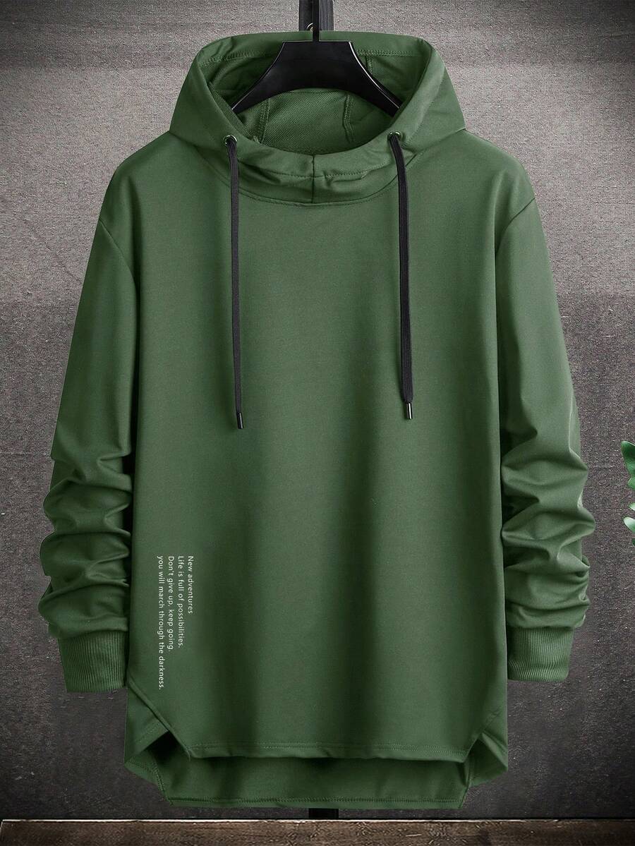 Manfinity Homme Men's Slogan Print Long Sleeve Drawstring Asymmetrical Hem Hoodie Sweatshirt - Army Green - View 1