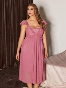 Slumberist Sexy Lace Contrast Mesh Slip Dress Nightgown - Hot Pink - View 4