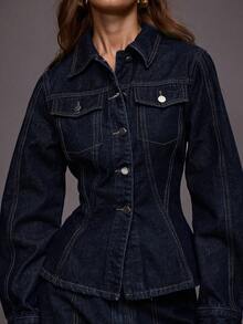 MUSERA 收腰弧形下摆撞色缝线牛仔外套套装上衣（仅上衣）秋季/冬季/夜间外出/街头风/可爱/返校/性感/无袖时尚 - 藏蓝色 - 查看 6