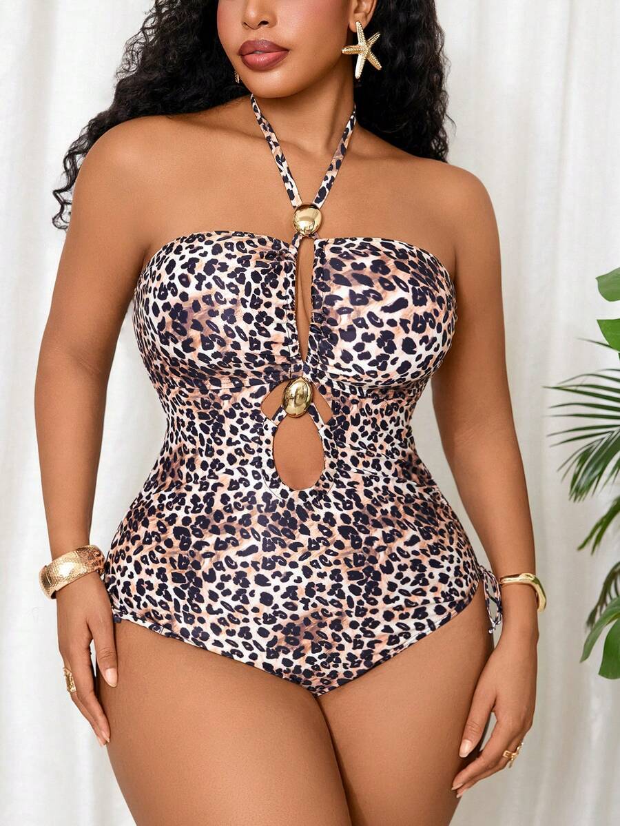Swim SXY Plus Size Women Beach Vacation Halter Hollow Out Drawstring One-Piece Swimsuit - Multicolor - View 1