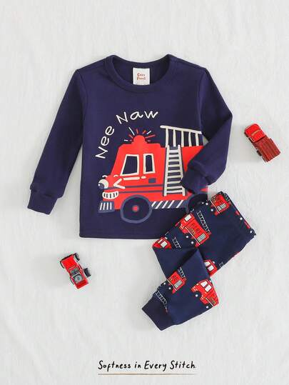 Cozy Pixies 2pcs Baby Boy Cartoon Car Print Soft Knit Crew Neck Long Sleeve Top And Elastic Waist Long Pants Snug Fit Pajama Set