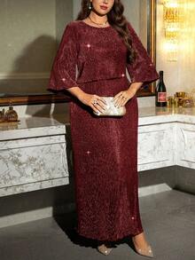 Reflora Plus Size Elegant Sparkly Long Dress For Party - Burgundy - View 6