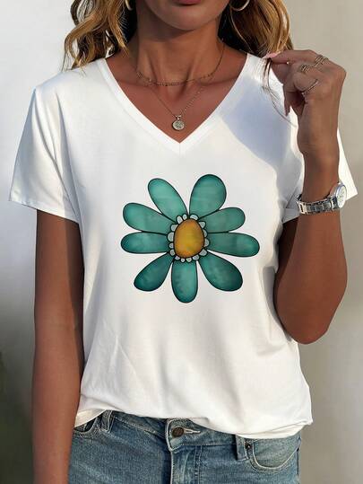 Women's Green Sunflower Print Casual V-Neck Short Sleeve T-Shirt
