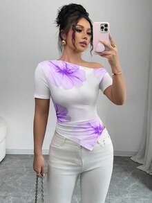 Elenzga Floral Print Fitted Asymmetric Collar Short Sleeve Women T-Shirt - Purple - View 1