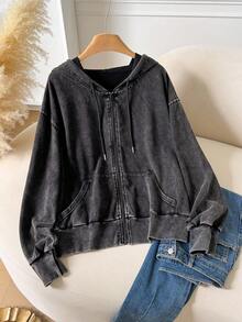 CosyJoli 大码女式前开拉链设计水洗面料长袖连帽衫，百搭黑色休闲套头衫，带口袋 - 黑色 - 查看 4