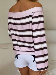 SHEIN EZwear Áo nỉ hở vai họa tiết sọc tương phản thường ngày dành cho nữ, mùa thu - Hồng - Xem 3