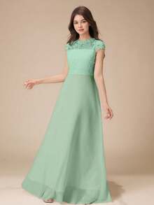 少女优雅高端蕾丝拼接亮面缎面长袖连衣裙，适合婚礼季节、舞会、婚礼、生日派对、表演、伴娘