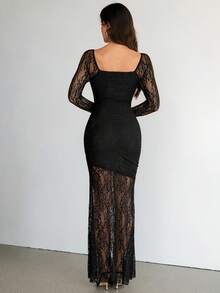 SHEIN Tall 女士夏季优雅浪漫时尚通勤性感优雅黑色蕾丝长款修身连衣裙，适合妇女节、女士派对、海滩度假、返校季、毕业季、浪漫约会、生日、复活节、巴西狂欢节、音乐节、春夏、婚礼季、早午餐、波西米亚风、仙女风等场合。 - 黑色 - 查看 3