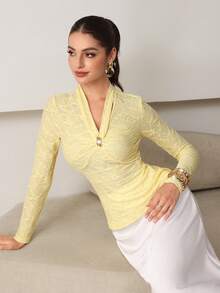 Modelyn Metal Buckle V-Neck Pleated Jacquard Long Sleeve Elegant Fitted Blouse For Women - Yellow - View 8