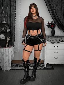 Whyspr Plus Size Women's Round Neck Chain & Mesh Patchwork Bodysuit, Fashionable & Sexy Mesh Bodysuit Club Outfits Women Sexy Set Mesh Two Piece Set Mesh Outfit Stripper Outfits For Women - Black - View 6