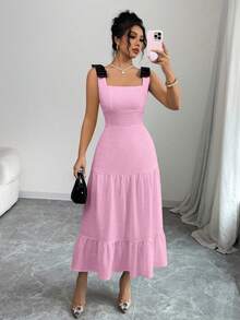 Elenzga Váy dự tiệc đi biển thêu dây nơ nhiều màu sắc cho nữ - Hồng - Xem 6