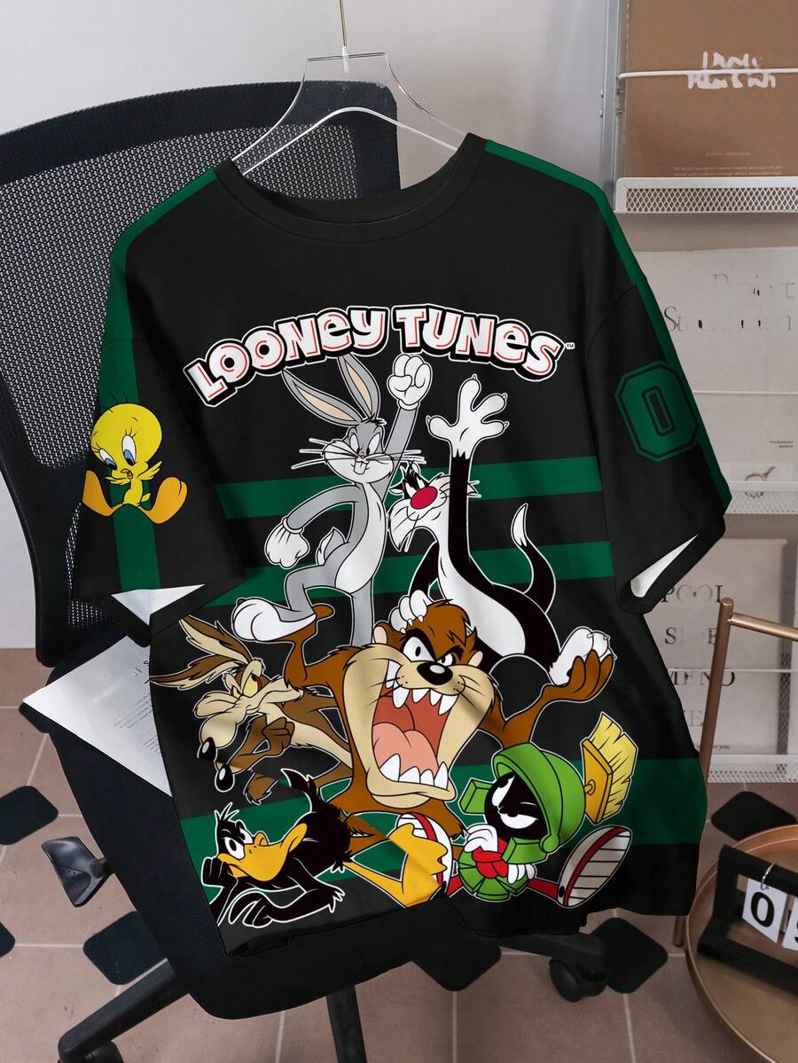 LOONEY TUNES X SHEIN Men's Letter & Cartoon Graphic Round Neck Short Sleeve T-Shirt - White - View 1