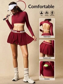 VARSIVA Women's Anchor Red Color Block Long-Sleeved Backless Top And Anchor Red Color Block Pleated Skirt With Built-In Jumpsuit Shorts Casual Tennis Set.