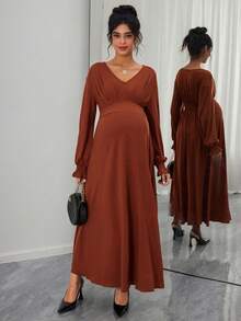 SHEIN Maternity Elegant V-Neck Solid Long Sleeve Ruffle Hem Midi Dress, Spring/Autumn - Coffee Brown - View 1