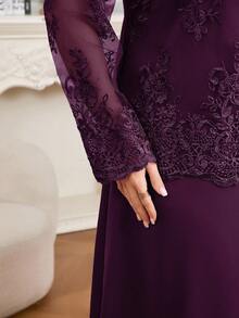 Modelyn Plus Size Elegant Party Solid Color Embroidered Mesh Jacket & Dress 2-Piece Set Fall - Purple - View 4