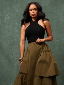 Vixey Fuzzy Knit Halter Neck Open Back Sleeveless Knit Sweater Top - Black - View 4