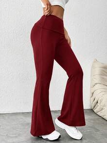 SHEIN PETITE 女士纯色喇叭紧身裤翻边打底裤弹力靴型喇叭裤瑜伽裤Y2K慢跑裤 - 酒紅色 - 查看 7