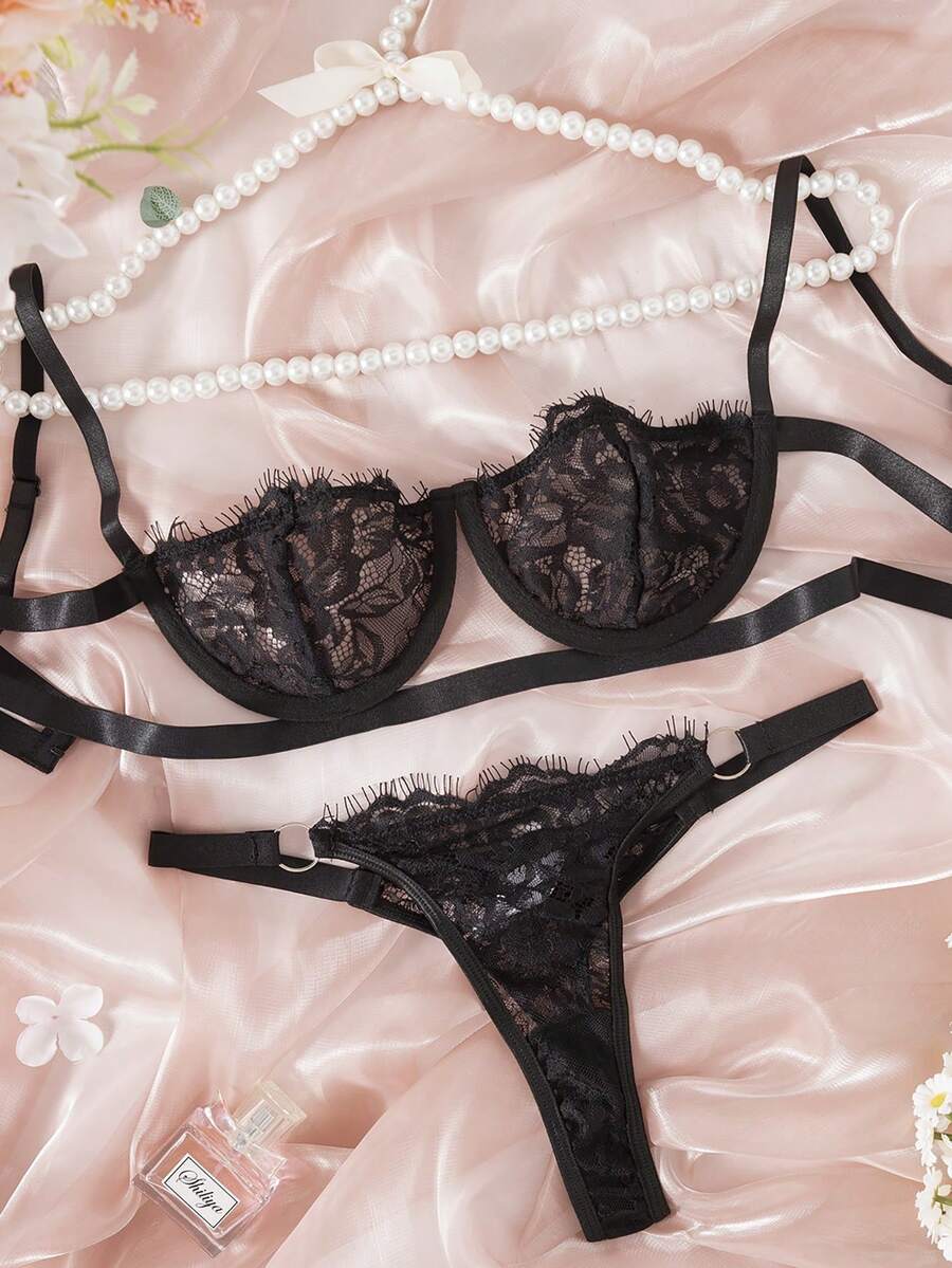 Floral Lace Bra & Panty Lingerie Set - Black - View 1