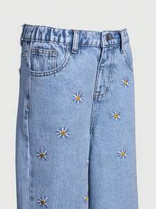 SHEIN ChillGRL 少女时尚刺绣阔腿水洗牛仔裤，春夏秋冬牛仔女童向日葵夏季牛仔裤校园Y2K少女90年代儿童女孩90年代少女Y2K印花花朵牛仔裤阔腿牛仔裤女孩宽松牛仔裤青少年女孩牛仔裤刺绣Y2K牛仔裤女孩 - 藍色 - 查看 3
