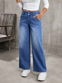 EMERY ROSE 女士高腰带口袋阔腿宽松休闲百搭牛仔裤 - 藍色 - 查看 3