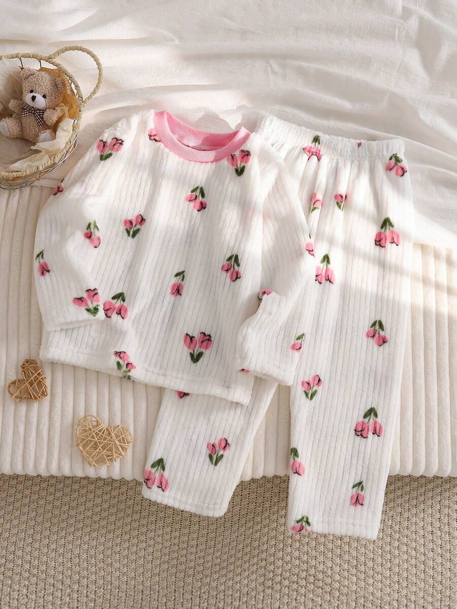 SHEIN 2pcs Girls Plush Plaid Long Sleeve Top And Pants Casual Comfortable Soft Pajama Set - White - View 1