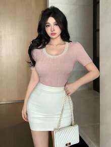 DAZY Women's Faux Pearl Decor Round Neck Short Sleeve Fitted Elegant T-Shirt - Pink - View 4