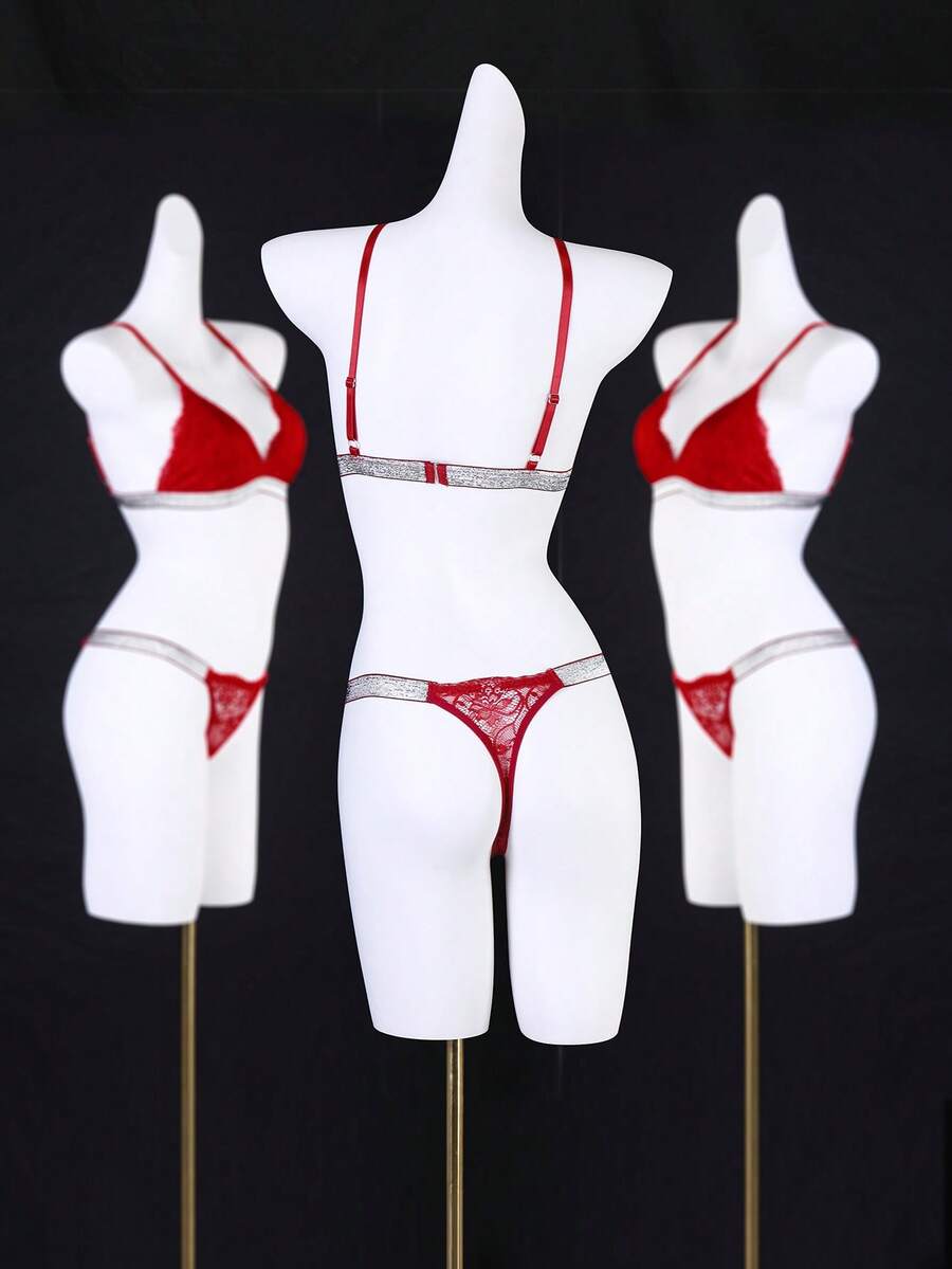 2pcs/Set Women Lace Sexy & Charming Romantic Silver Ribbon Lingerie Set - Burgundy - View 1