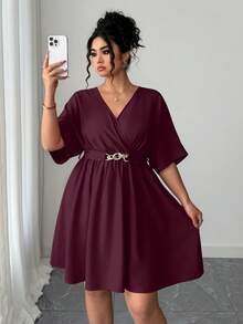 Elenzga Váy dạ hội ngắn màu đỏ cổ chữ V thanh lịch, eo cao, phong cách giản dị và tối giản cho mùa hè - Màu đỏ tím - Xem 6