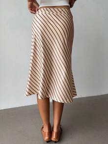 Aloruh 女士时尚优雅黄色条纹不对称超低腰斜条纹及膝修身喇叭裙，适合度假和日常穿着 - 杏色 - 查看 2