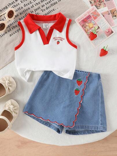 女婴夏季牛仔刺绣短裙及翻领上衣套装