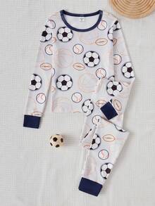 Boys' Fashionable & Cute Sports Football & Rugby Graphic Print Long Sleeve Top And Leggings Pajama Set Snug Fit Boys Lounge Set Boys Pajama Set Soccer Boys Clothes Kids Pj Set - Multicolor - View 5