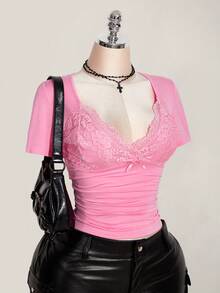 SHEIN ICON 大码V领蕾丝拼接腰部褶皱修身针织T恤，性感春夏T恤，婚礼宾客上衣 - 粉色 - 查看 4