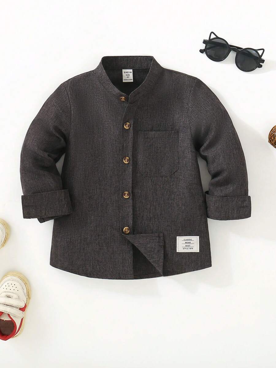 SHEIN Áo sơ mi tay dài in chữ đơn hàng khuy đơn giản có túi dành cho bé trai - màu đen - Xem 1
