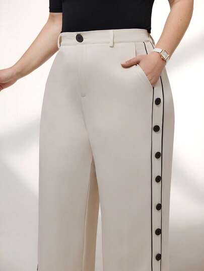 Momelise Elenzga 大码女式杏色和黑色撞色直筒裤，带口袋和拉链，适合秋冬季、万圣节、圣诞节、新年派对、毕业典礼、婚礼等场合，成熟优雅，适合OL通勤、商务休闲等场合。