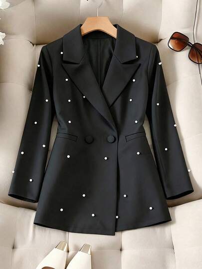 Franclia Plus Size Single Piece Beaded Woven Solid Color Blazer, Elegant And Fashionable Long Sleeve Women Jacket Suit Jacket For Women Polka Dots Women Blazers Women Blazers Polka Dot Blazer Suits For Women Dress Jacket