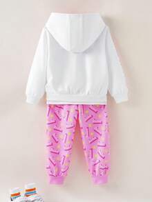 Mr Men Little Miss X SHEIN Young Girl Casual Everyday Commute Funny Cute Cartoon & Letter Graphic Hoodie And Sweatpants Set, Autumn/Spring - Multicolor - View 2