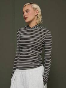 COUREZ Langärmliges, tailliertes Kapuzenshirt mit Streifenmuster / Herbst/Winter-Kleidung für Damen, Ausgeh-Tops, Party-Tops, Sommer-Tops, Streetwear-Langarm-Tops