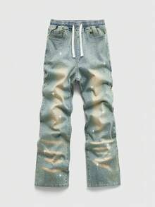 ROMWE MEN Street Life Teen Boy Drawstring Waist Pockets Rhinestone Embellished Skinny Jeans - Medium Wash - View 1