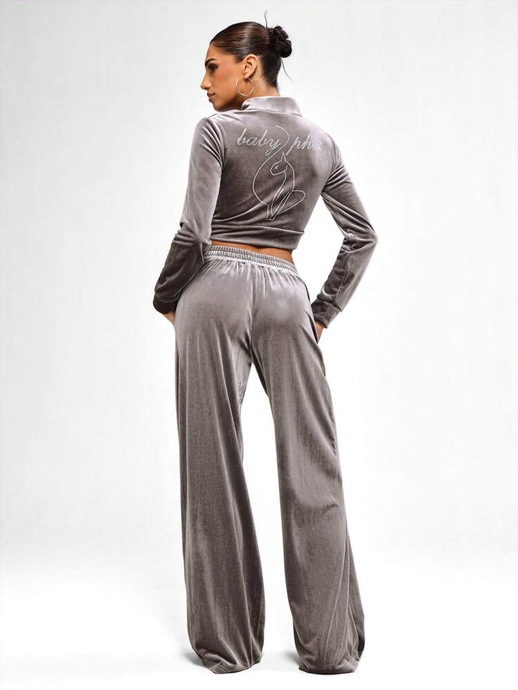 BABYPHAT Wide Leg Velour Trackpants With Embroidered Logo Elastic Waistband Side Pockets Luxurious Comfortable Loungewear Fall Winter Casual Pants