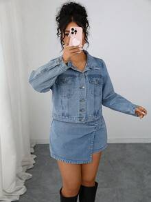 Elenzga Chaqueta vaquera vintage lavada para mujer de talla grande, otoño/invierno - Lavado ligero - Ver 1