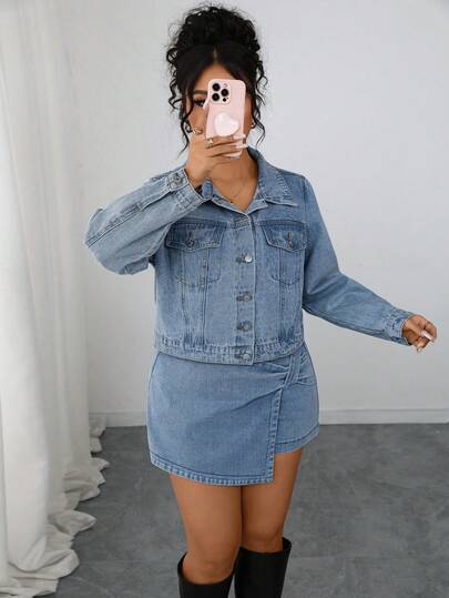 Elenzga Plus Size Women Vintage Washed Denim Jacket, Autumn/Winter