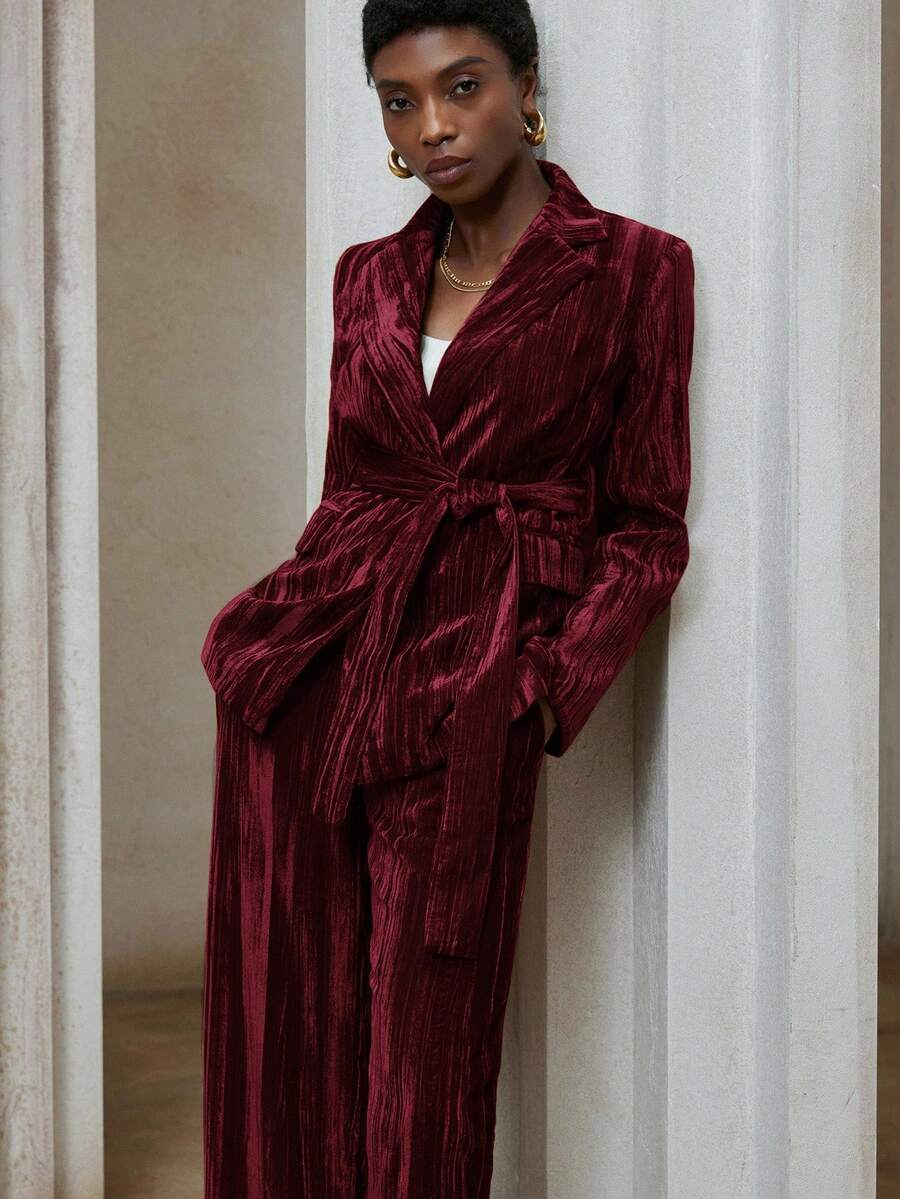 Aveloria Modichic 2pcs Set: Fashionable Versatile Velvet Padded Shoulder Blazer Jacket And Casual Pants For Women - Redwood - View 1