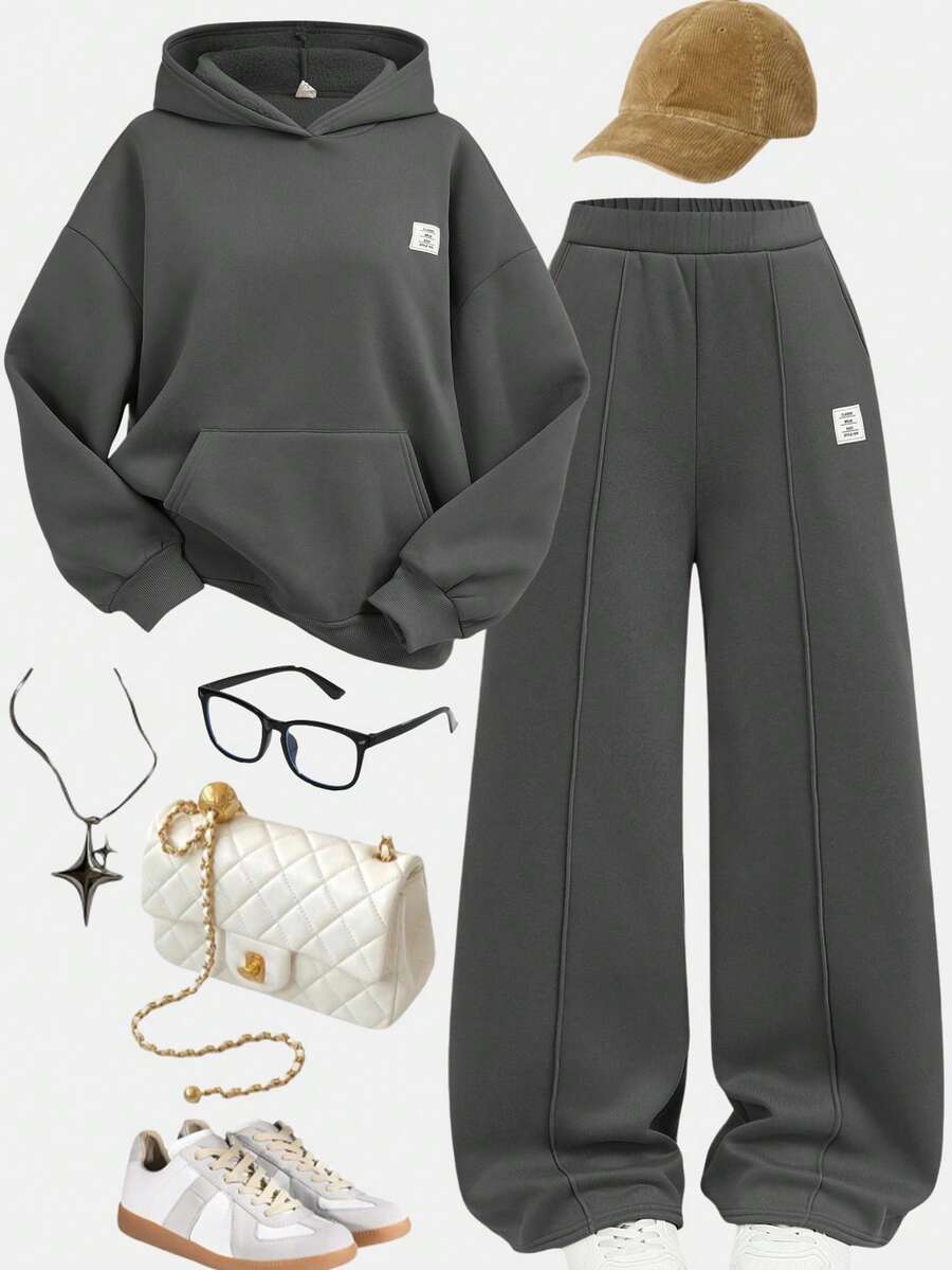 SHEIN Girlism 2件套少女宽松纯色深灰色复古美式英文文字印花连帽卫衣和运动裤套装，适合秋冬季节和返校季穿着，带保暖内衬 - 深灰色 - 查看 1