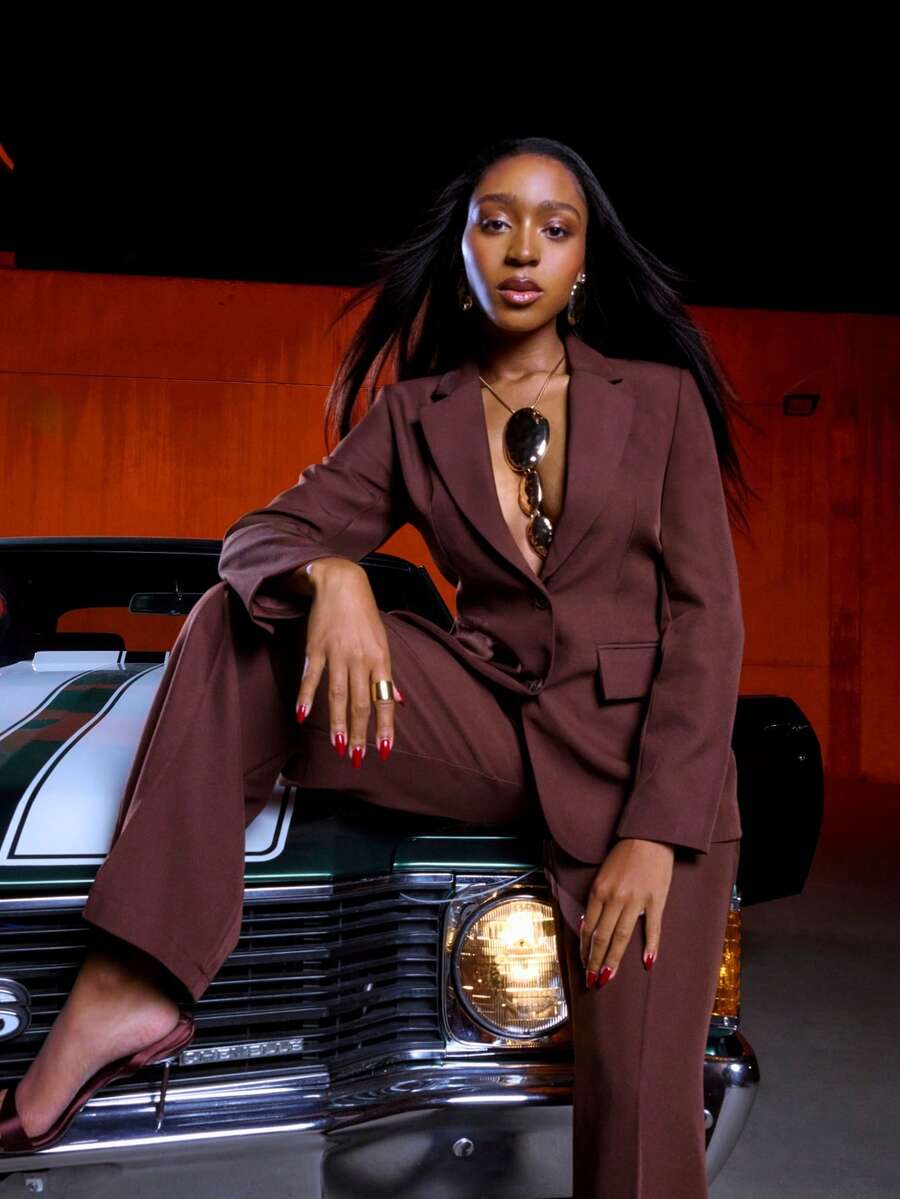 Normani 女士两件套西装，美拉德印花西装外套+直筒裤 - 咖啡棕 - 查看 1