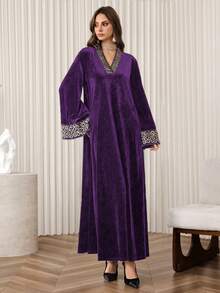 Al Najma Black Velvet V-Neck Sequin Embroidered Fit & Flare Party Dress, Elegant For Autumn/Winter - Purple - View 3