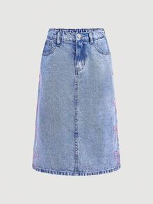 SHEIN Girlism Chân váy dài denim màu hồng thêu nơ, túi, mềm mại, thoải mái, dễ thương cho bé gái tuổi teen, thích hợp mặc hàng ngày, dạo phố, Giáng sinh, Năm mới, mùa đông, váy thường ngày, chân váy thanh lịch, dự tiệc, đi học, váy hoa, chân váy họa tiết. - Rửa nhẹ - Xem 6