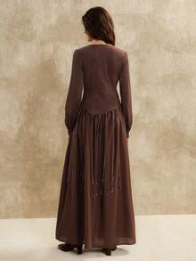 Florisole 女士V领长袖公主线连衣裙，仿麂皮绒和梭织面料拼接设计，休闲日常穿着 - 巧克力棕 - 查看 6