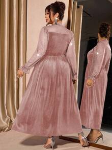 Cravure 大码女式网纱天鹅绒优雅泡泡袖连衣裙，收腰设计，适合派对穿着 - 粉色 - 查看 2