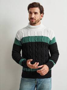 Manfinity Homme Men's Contrast Color Turtleneck Loose Fit Sweater, Autumn/Winter - Multicolor - View 3